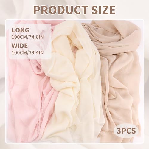 Summer Shawls for Women Lightweight, Large Long Linen Travel Scarf for Beach, Plain Gauze Wrap, 3 Colors3