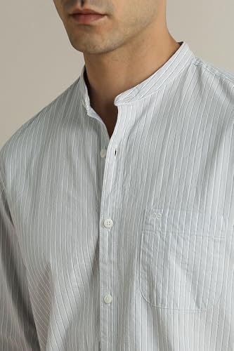 Image of Peter England Men's Casual Mandarin Collar Slim fit Full Sleeve Shirt in 100% Cotton Seersucker with Striped Design