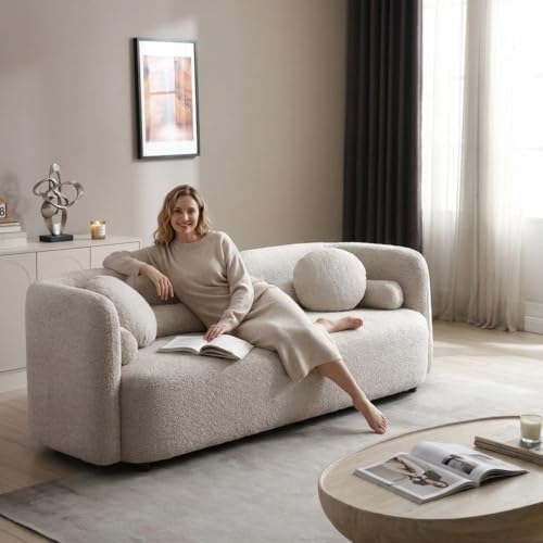 88.58" Beige Modern Curved Sofa Couch, Japandi Style Boucle Sofas...
