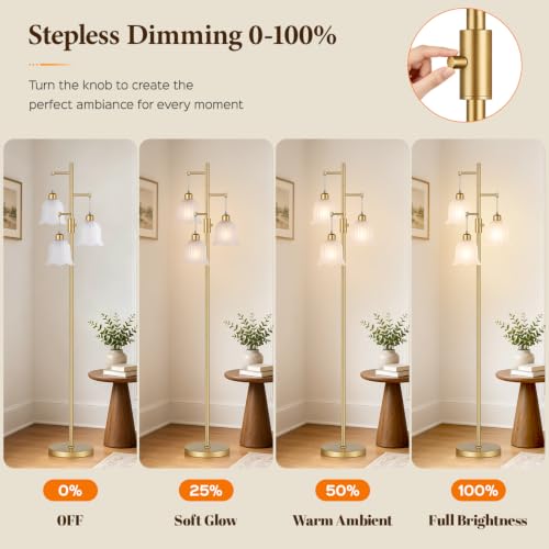 Image of Dimmable Flower Floor Lamp, 3 x 900LM LED Bulbs Included, Modern | 70 inch Gold Tree Standing Lamp, 3 Lights Elegant Frosted Glass Flower Shade Vintage Floor Lamps for Living Room, Bedroom, Office