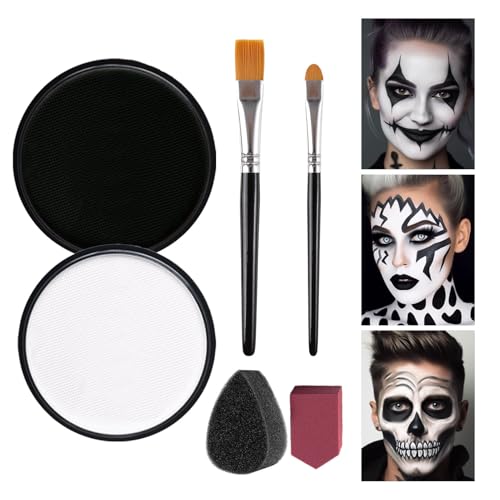 Face Bodypainting Farben Set Körperfarben Schwarz und Weiß mit 2 Pinseln 2 Schwämme- Wasserbasierte Kinderschminke Set Für Theaterschminke, Halloween Schminke, Clown, Karnevalsschminke, Party Make up