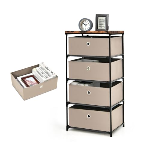 KOMFOTTEU Cómoda con 4 Cajones Plegables, Cajonera de Tela con Marco de Metal, Mueble de Almacenamiento, Mesita de Noche para Dormitorio, Salón, Oficina, Estudio, 42 x 32 x 84,5 cm (Café)