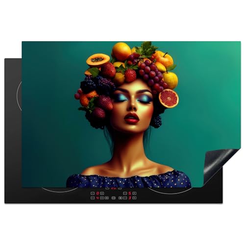 KitchenYeah© Induction Hob Protector Mat 20.5x30.7 / 78x52 cm Cooker Top Protectors Cover Ceramic Covers Electric Hobs Vinyl Woman - Headdress - Tropical - Fruit - Grapes
