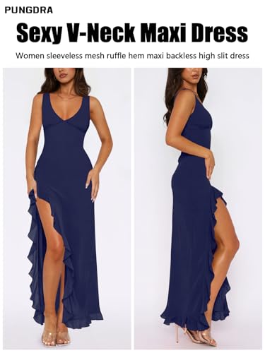 Women's Sexy V Neck Mesh Ruffles Hem High Slit Bodycon Maxi Dress for Women Formal Cocktail Wedding Guest Dresses3