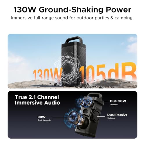 Portable Bluetooth Speaker with Deep Bass, 130W Peak, IP66 Waterproof, 13H Playtime, Fast Charge, Large Party Boombox with TWS Pairing, Outdoor Speaker with USB/AUX, for Jobsite, Beach, Camping -Black - image 3