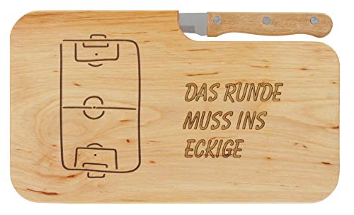 LASERHELD Brotzeitbrett Jausenbrett Fußball Holz Erle Messer das Runde muss ins Eckige Geschenk Männer Frauen Schneidbrett Holz Geschenkidee für Ihn & Sie Cover