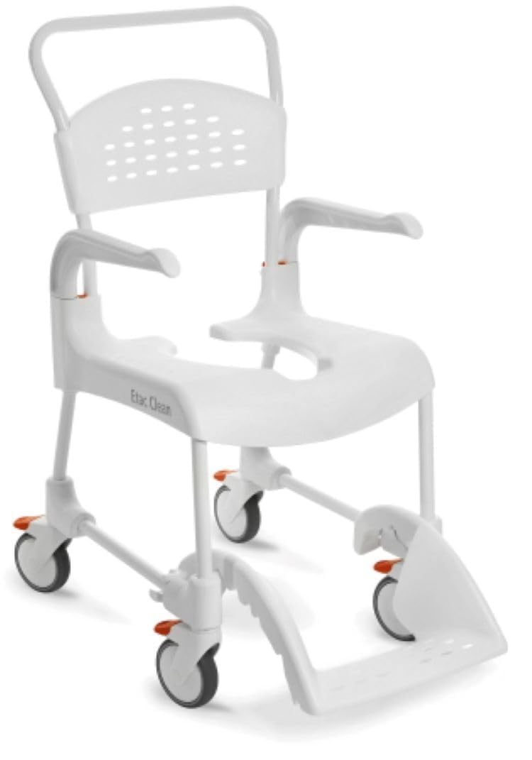 Etac Clean Shower Commode Chair – 21 3/4 Inches Fixed Height, Removable Armrests, Ergonomic Footrest – Easy-to-Maneuver Shower Chair with Wheels, Slim Design Fits Doorways