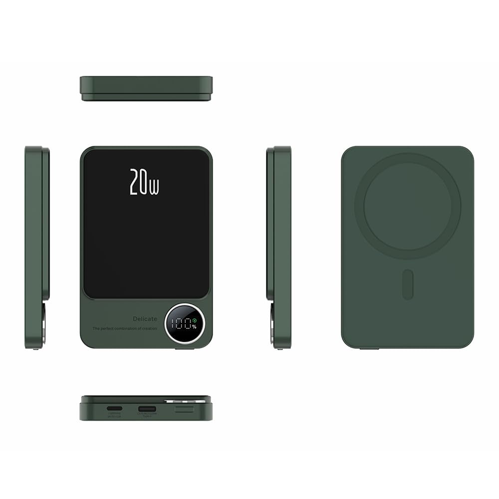 Fawoonu Wireless PD20W Fast Charging Device with LED Display Portable Mag-Safe Chargers Ultra-Slim External Battery Packs 5000mAH Green