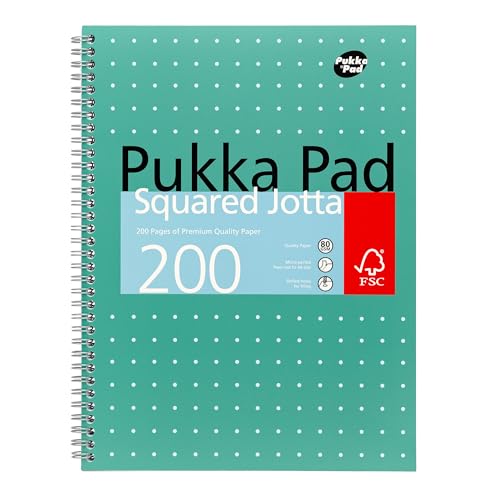 Pukka Pad A4 Squared Metallic Jotta Book Bulk 1 Pack 29.7 x 23cm Wirebound Notebook with 80GSM Paper Features 4-Hole Punch Margins and Perforated Edges - 200 Pages Green