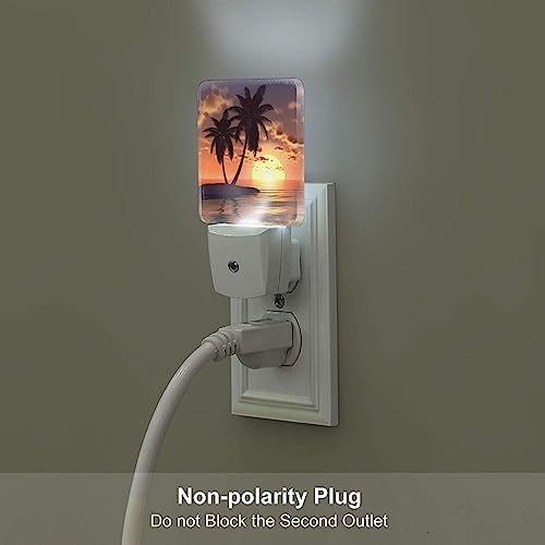 Image of Sunset Coconut Palm Tree Beach Ocean LED Plug-in Night Light 2-Pack, Auto Sensor Nightlights Set of 2 for Bedroom Bathroom