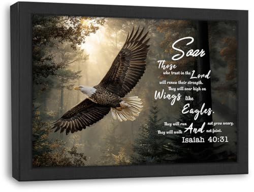 Eagle Decor Wall Art Flying Bald Eagle Bible Verse Pictures Canvas Print Painting Artwork Signs Decoration Gifts For Bathroom Living Room Bedroom Office Framed 12"X16"