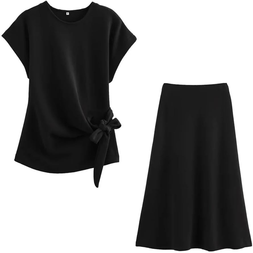 Women's Spring Summer 2-Piece Skirt Set Round Neck Solid Tops with Knot and Short Sleeve Skirt Set Outfit
