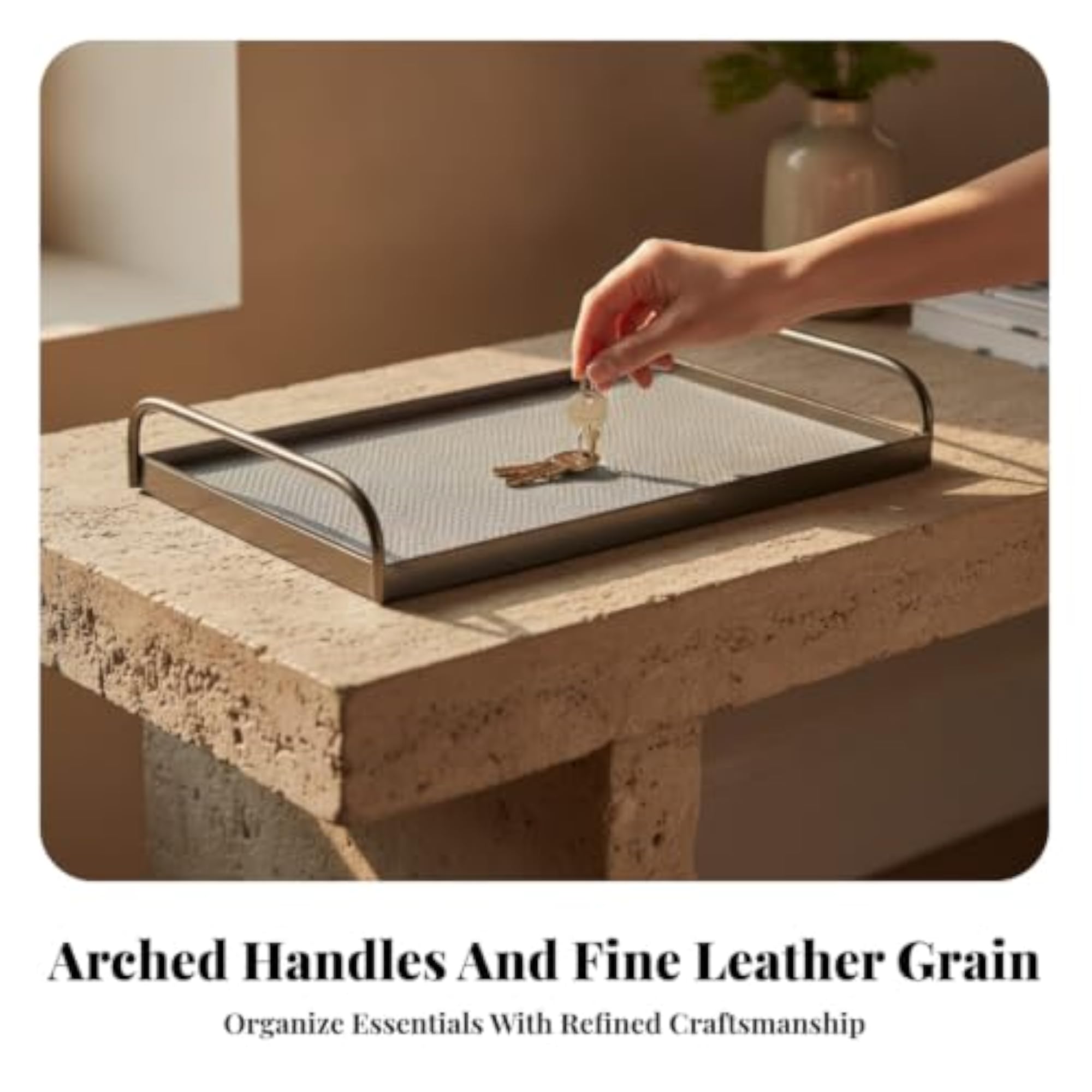 Decorative Leather Tray with Handles, Sturdy Rectangular Tray