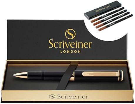 Scriveiner Black Rollerball EDC Luxury Pen, Stunning Pocket Pen, Real Gold Plating, bundle with Rollerball Refill Blue Fine - 4 Refills in one box