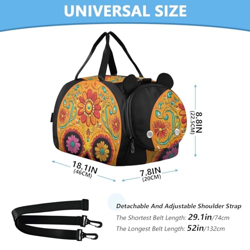 Kids Sports Duffel Bag for Boys & Girls - Sugar Skull Flower Mexican 100% Polyester Gym Bag with Separate Shoe Compartment, Adjustable Shoulder Strap, Compact Travel & Workout Gear Bag3