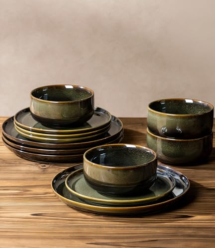 Image of TheTerra Ceramic Dinnerware Sets for 8, 24 Pieces Handmade Reactive Glaze Plates and Bowls Set, Scratch Resistant Dish Set, Oven & Microwave & Dishwasher Safe, Olive Green