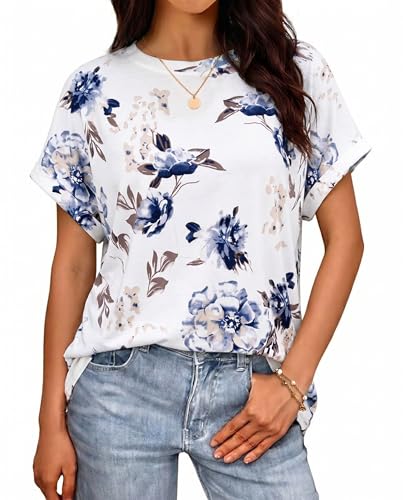 SENBATU T-Shirt d'été décontracté à Manches Courtes et col Rond pour Femme(À Fleurs Blanc,«X-Large») 48