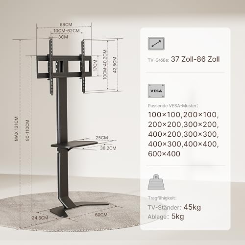 Aluminium TV-Ständer, Ultra-Slim TV-Fußständer für 37-86 Zoll Fernseher, Bohrfreie Moderne Basis mit Ablage, Höhenverstellbar mit Kabelmanagement, Passt für VESA 600 x 400mm, Schwarz – Bild 7