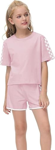 Haloumoning Kinder Bekleidungssets Mädchen Jungen Kurzarm T-Shirt mit Shorts Sommer Sportanzug Unsex Lässig Outfit Kleidung Sets, Rosa, 7-8 Jahre