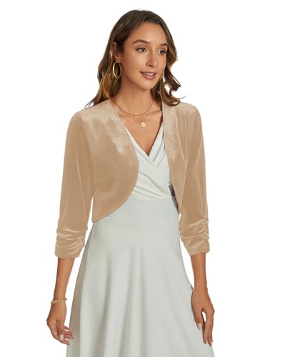 Image of Womens Velvet Bolero Shrug Elegant Open Front Ruched 3 /4 Sleeve Cocktail Party Cropped Cardigan