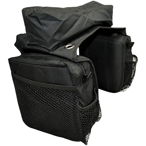 Intrepid International Western Saddle Bag - Durable Black Nylon Saddle Bags with Water Bottle Holders, Mesh Elastic Pockets, Center Cantle Bag - Horse Saddle Accessories