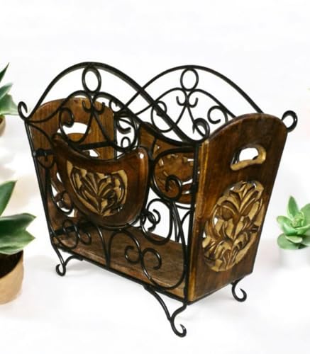 Image of Wooden & Wrought Iron Magazine Stand for Table | Hand-Carved Newspaper & Book Holder | Decorative Organizer for Home & Office | Black Finish (41 x 38 x 20 cm)