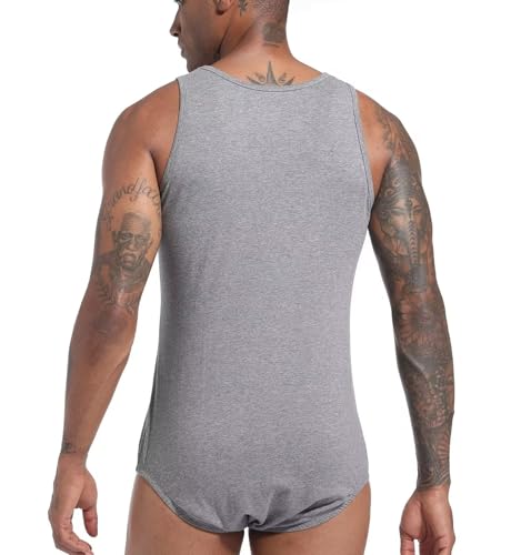 Landofgenie Macaquinho masculino de algodão sem mangas liso de uma peça para homens, Cinza, 3X-Large