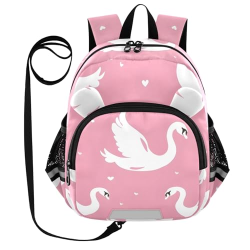 Kid's Backpack for Boys & Girls Toddler Bag Pink Background White Swans and Hearts Pattern Backpack with Safety Leash