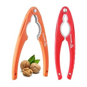 2PCS NutCracker, Little Cook Stainless Steel Nut Crackers for All Nuts, Nutcracker Tool for Walnet, Chestnut, Chestnut, Crab, Lobster and More, Ergonomic Plastic Handle (Bull Pattern, Orange + Red)