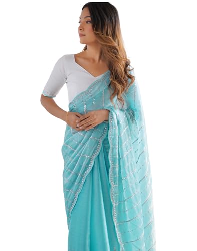 Image of SIRIL Women's Shimmer Chiffon Sequence Embroidery Saree With Unstitched Blouse Piece for Wedding and Parties