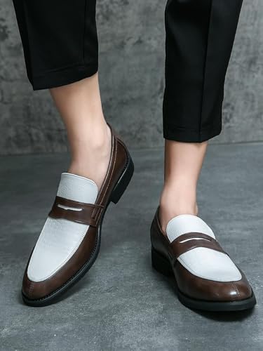 Image of HuitJours Men Two Tone Colors Penny Loafer Slip On Pull on Dress Shoes Casual Boat Shoes Moccasins