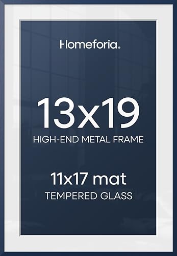 Image of Homeforia 13x19 Picture Frame Navy Blue, High End Metal 13x19 Poster Frames with Mat 11x17 inch Photo, 13 x 19 Navy Blue Frame Matted to 11 by 17 Print, 19x13 Frame, Tempered Glass, Wall Kit, Set of 2