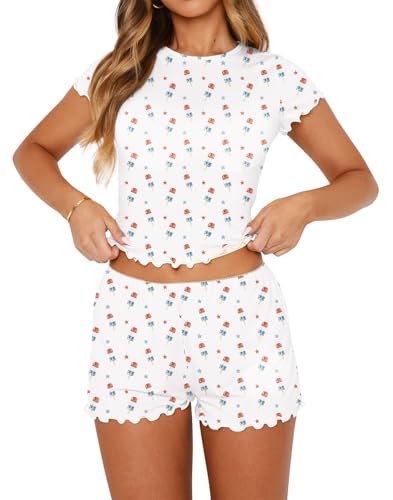 Image of Dressmine Women Sexy PJ Sets Cute Pajamas Set 2 Piece Sleepwaer Outfits | Woman Cute Pajamas Set 2 Piece Sets Casual Y2k Crewneck Tops Sleepwear 2026 Fall Sexy PJ Shorts Sets Vacation Clothes
