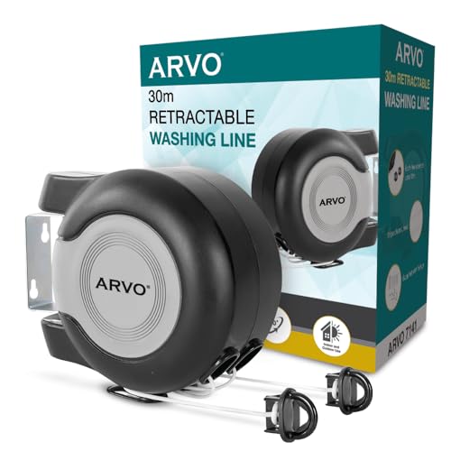 ARVO Corde à Linge Double rétractable à Fixation Murale – 30 m – Corde à Linge Extensible – 2 câbles de 15 m pour Une Utilisation en intérieur et...
