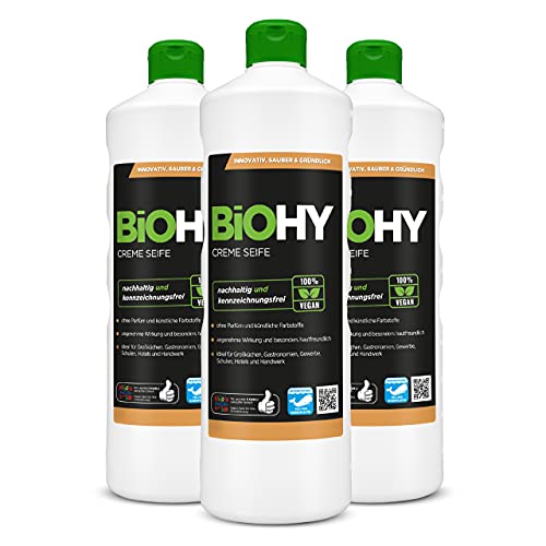 BiOHY Savon crème liquide (3 x 1l Bouteille) | Recharge de Savon à Mains Doux, hydratant et inodore du Secteur végétal sans Phosphate | sans Parfum ni Colorant (Creme Seife) Cover