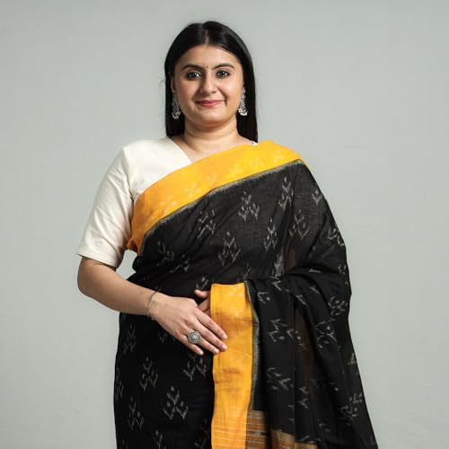 Image of Ikat Women's Pure Cotton Saree Traditional Craftsmanship Double Ikat Weaving Floral Handmade Ethnic Saree without Blouse Piece