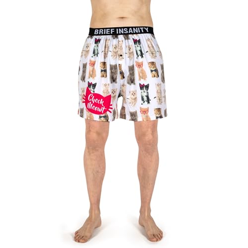 BRIEF INSANITY Comfortable Loose Fit Boxer Shorts | Funny & Cute Cat/Dog Graphic Print Boxer (Check Meowt)
