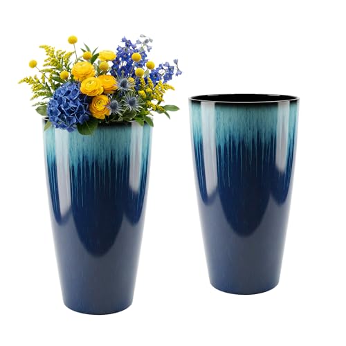 LESOASIS 21 inch Tall Planter Set of 2 Tall Planters for Outdoor & Indoor Plants Large Outdoor Planters for Front Porch Patio Garden (Blue Flowing Glaze)