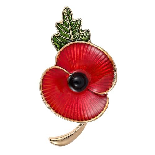 Remembrance Red Glitter Poppy Pin, Poppy Badges and Pins,Memorial Enamel Badge with Green Leaf,Remembrance Pin Badges 2025 Fashion Jewellery, 4.7cm x 2.6cm Metal Lapel Brooch for Coats and Bags (1pc)