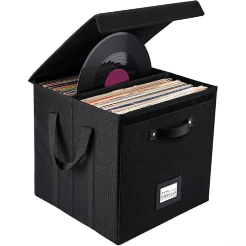 UrbanHui Caja de almacenamiento de discos de vinilo con cubierta de tela de lino, base de cartón fuerte, diseño modular apilable, capacidad para hasta 120 álbumes LP para amantes de la música y