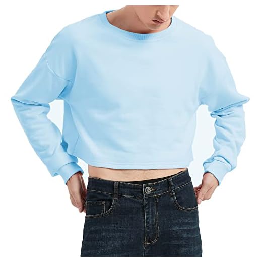 QOYDOY Mens Crop Tops Long Sleeves Cropped Hoodie（Blue M）