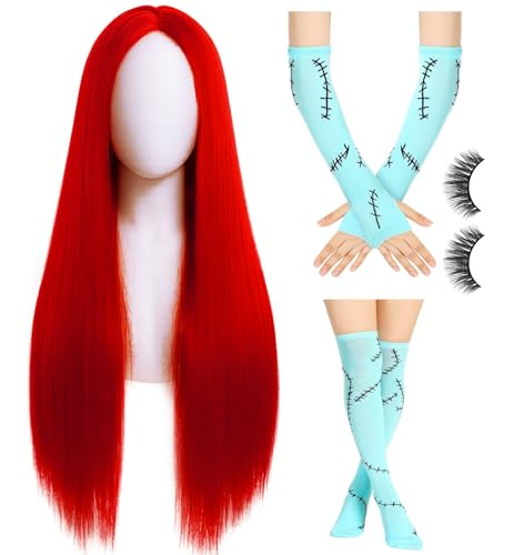 Swooflia Red Straight Wig for Women & Cosplay Accessories - Convenient Set Includes Adjustable Wig Cap Tights Sleeves Cosplay Wig for Halloween Costume Party and Daily Use (Wig2-08)
