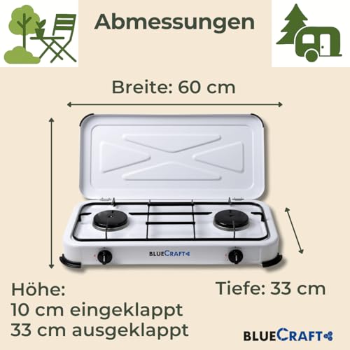 Bluecraft Gaskocher 2-flammig, 4,4 kW, Schlauch, Regler & Druckanzeige | Campingkocher Set mit Manometer, Schlauchbruchsicherung, Doppelkocher Gasherd für Outdoor Küche, Garten & Wohnmobil – Bild 3