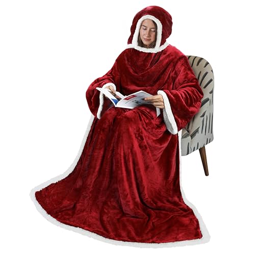 Tirrinia Flannel Hooded Wearable Blanket, One-Size Oversized Adult, Wine