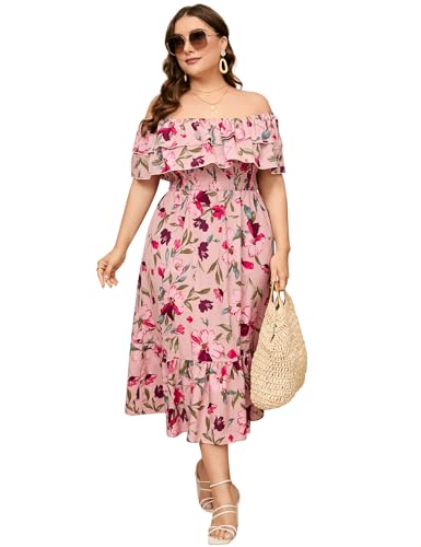 Image of KOJOOIN Women Plus Size Off Shoulder Maxi Dress Ruffle Flowy Casual Summer Boho Long Dresses