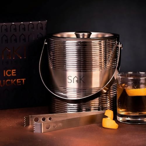 Image of SAKI | Metallic Ripple Ice Bucket with Tong - 1500 ml | Stainless Steel Double Walled Insulated | Ice Bucket for Bar & Home | Ripple Design Ice Bucket | Perfect for Gifting (Silver Finish)
