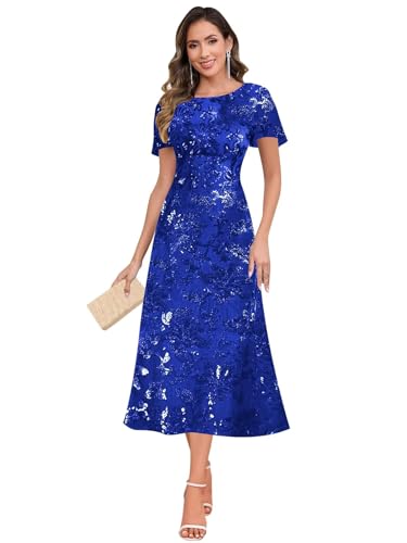 BOLENSYE Sequin Mother of The Bride Dresses for Women Short Sleeve Tea Length Petite Formal Evening Party Gowns