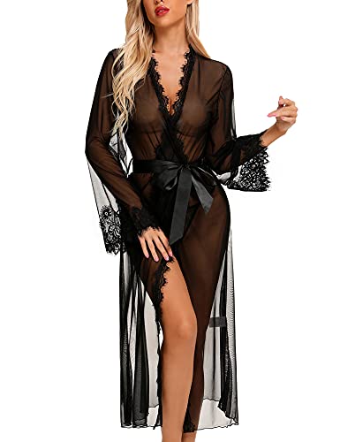 Rslove Lingerie For Women Sexy Long Lace Kimono Robe Mesh Chemise Sheer Gown Cover Up Black Xxl cover