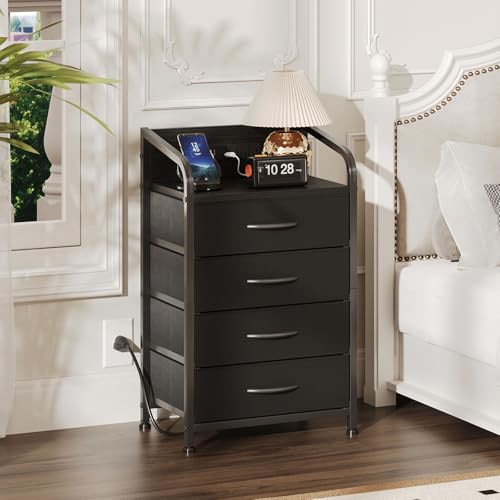 MUTUN Nightstands with Power Outlets, Small Dresser for Bedroom, Night Stand with 4 Storage Drawers, Bed Side Table, Side Table for Living Room, Black by MUTUN - Used condition - CA$60.96