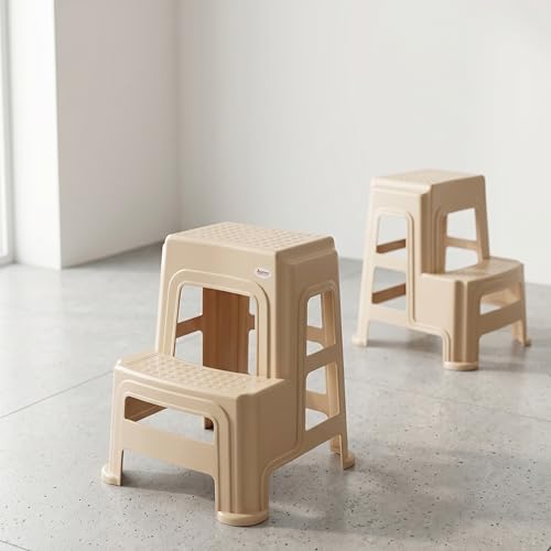 Image of Oaknest Supreme Multipurpose Plastic 2-Step Stool for Kids & Adults - Anti-Slip Lightweight Stepping Stool for Kitchen, Bathroom & Home - Marble Beige, 2 Piece